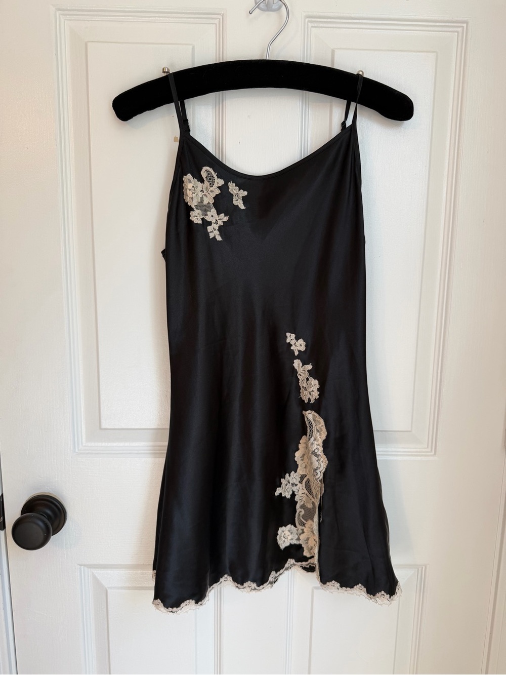 Victoria's Secret Black Romantic Satin and Cream Lace Trim Slip